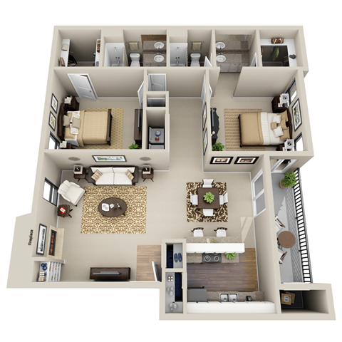 A 3D floor plan of a house showing a living room, kitchen, dining room, and bedrooms.